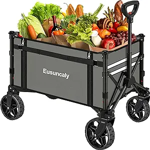 Eusuncaly Collapsible Wagon Cart with Wheels Foldable Wagon Folding Outdoor Utility Wagon Grocery Wagon for Camping, Shopping, Sports, Gardening, Fishing (Gray)