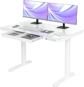 Claiks Glass Standing Desk with Drawers, 48×24 Inch Adjustable Stand Up Desk, White