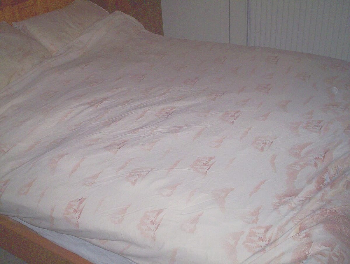 A neatly made bed with white duvet and pillows