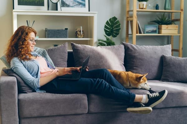woman lying down on couch and working on laptop