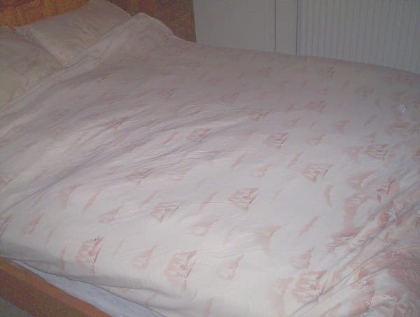 A neatly made bed with white duvet and pillows